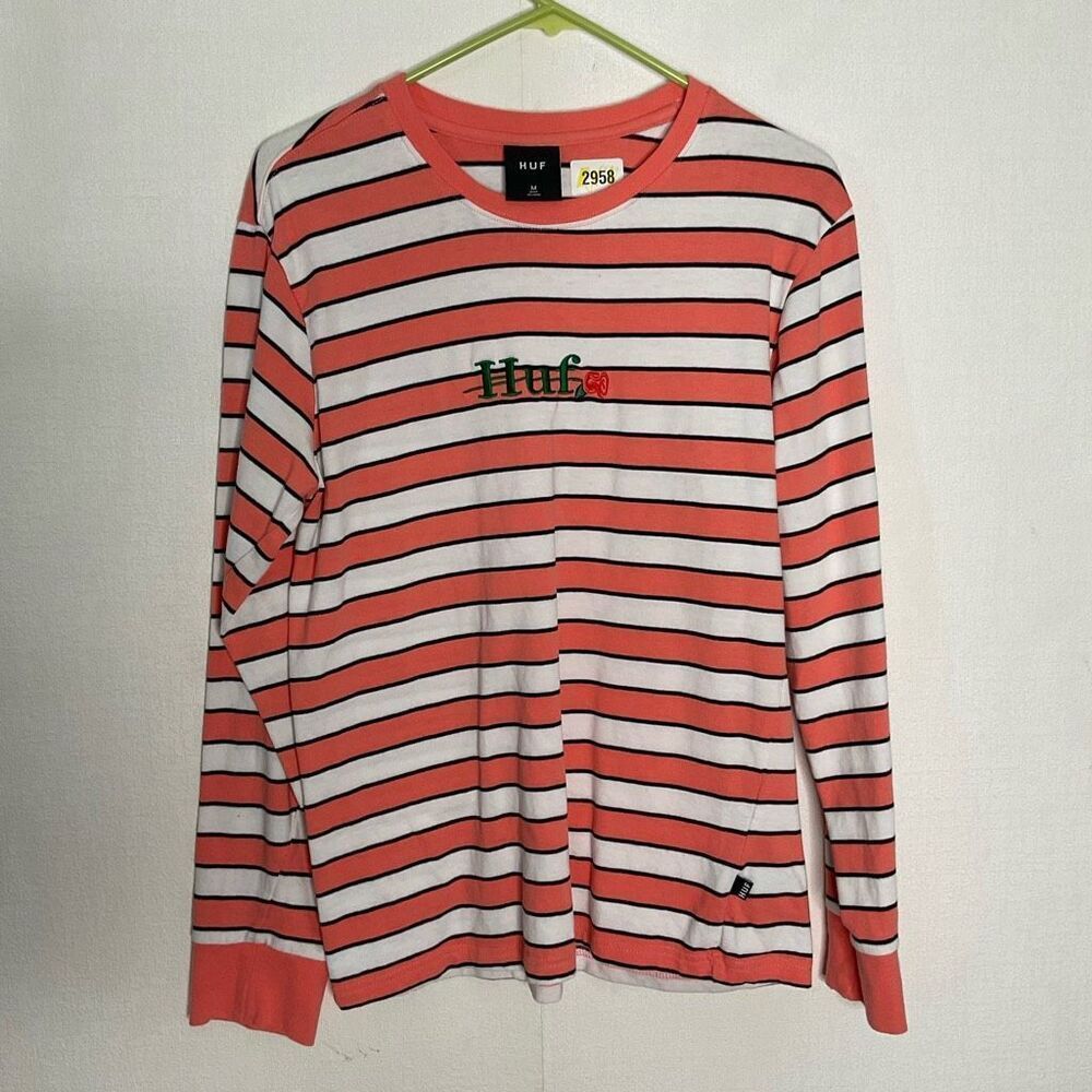 HUF Long Sleeve Shirt Womens Medium Peach Striped Embroidered 100% Cotton